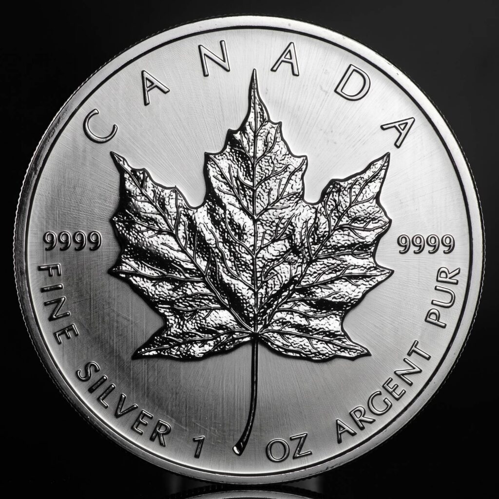 Maple Leaf Silbermünze 1 Unze, Bildseite mit Ahornblatt